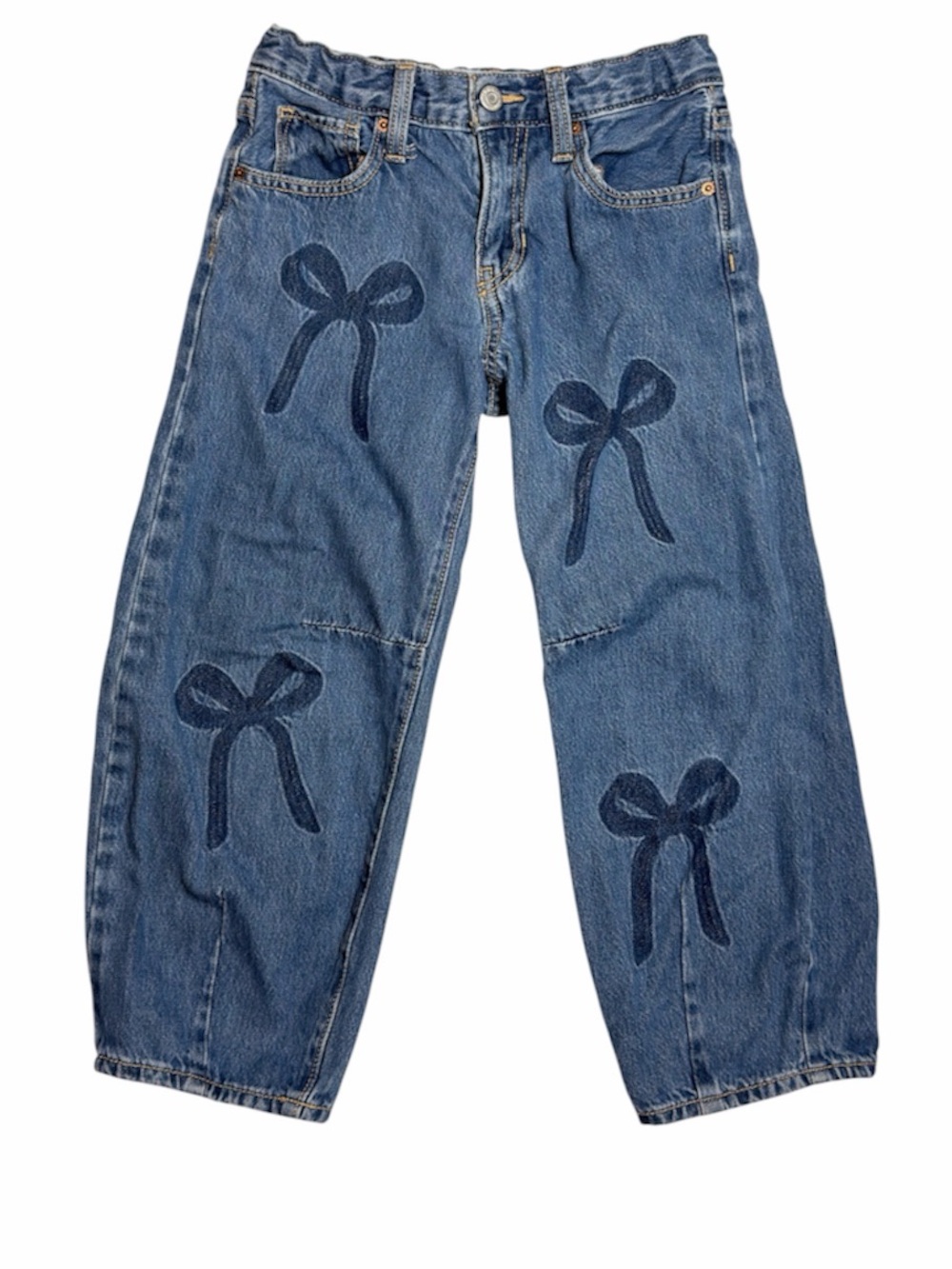 EUC Old Navy Dark-Blue mid rise barrel leg Bow design Denim Jeans 8